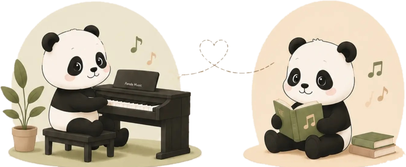 Dua panda: satu bermain piano, satu membaca buku lagu. Beda irama, perjalanan yang sama